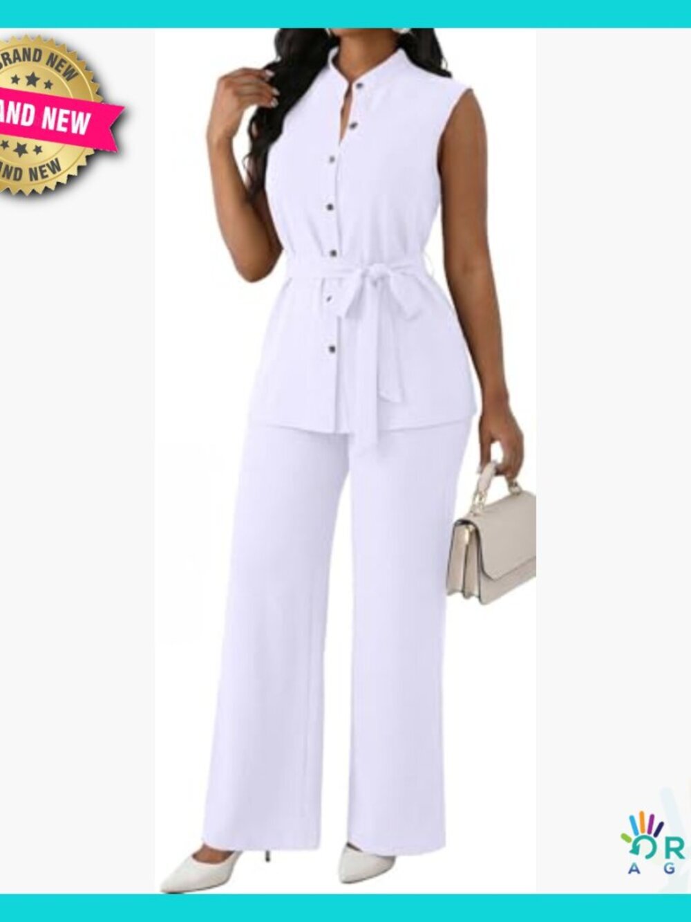 Women's Two Piece Pant Suit Set Sleeveless Belted Button Down Shirt Flare Leg - Picture 2 of 7